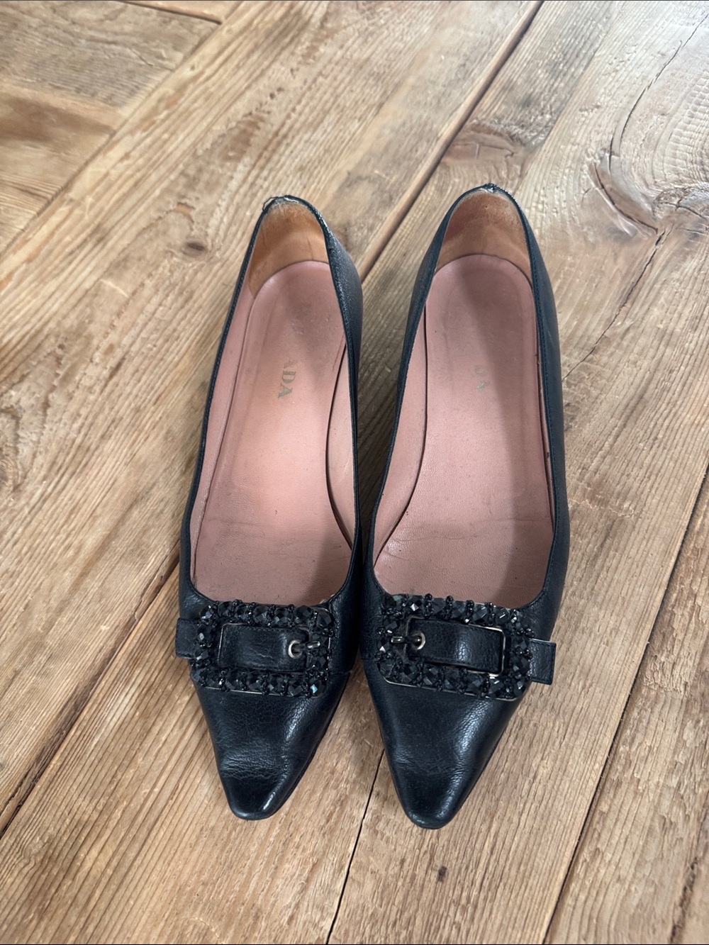 Black Leather Pointed Toe Flats with Buckle Detail